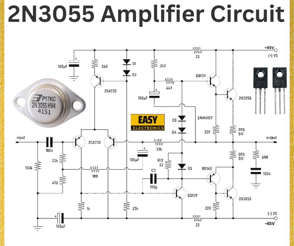 Power Amplifier Circuit Using Two 2N3055