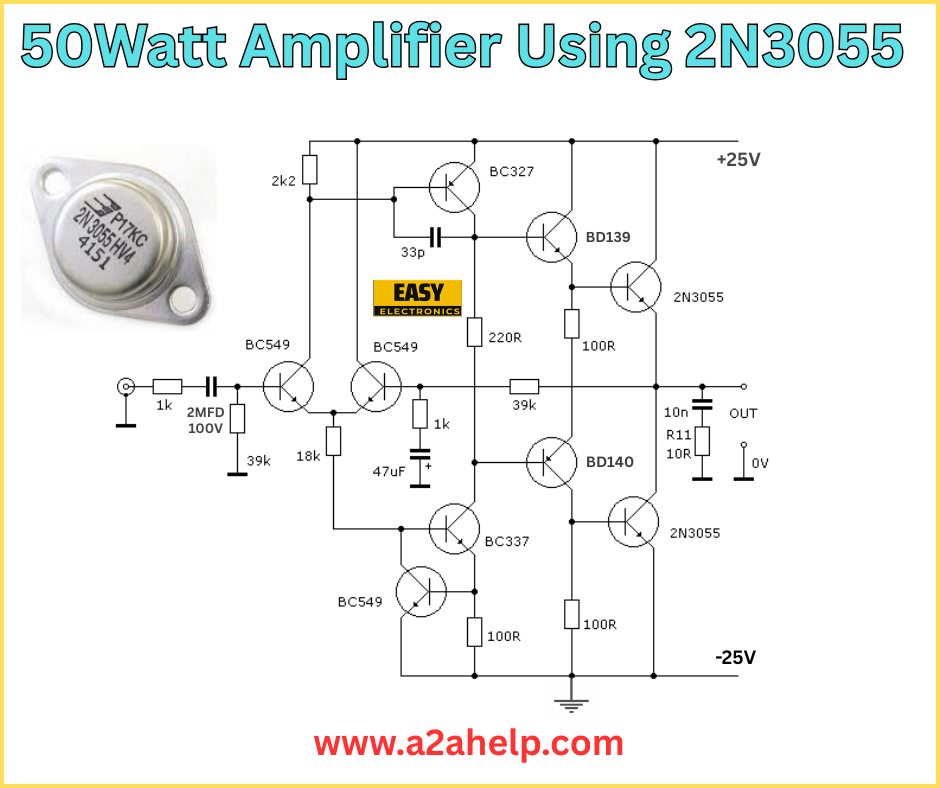 50W amplifier using 2N3055 circuit