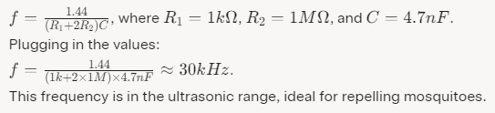 frequency can be approximated using the formula for a 555 timer in astable mode