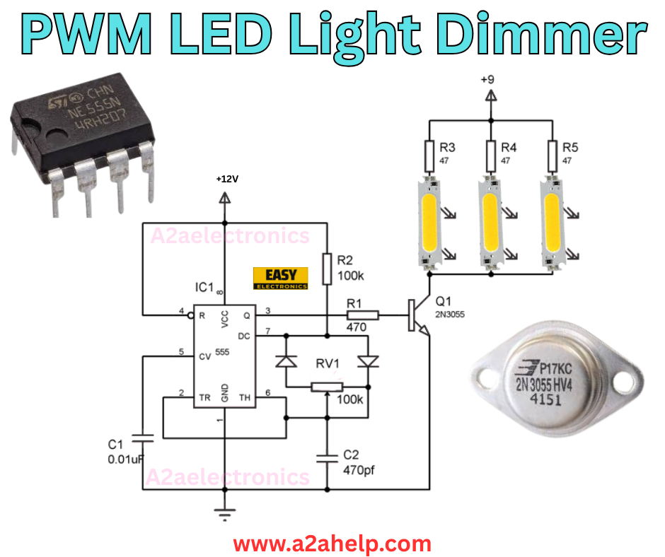PWM LED Light Dimmer Circuit using 555 Timer