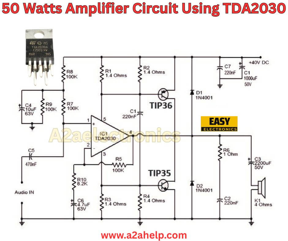 Build a 50W Amplifier Circuit Using TDA2030 and TIP35/TIP36 Transistors
