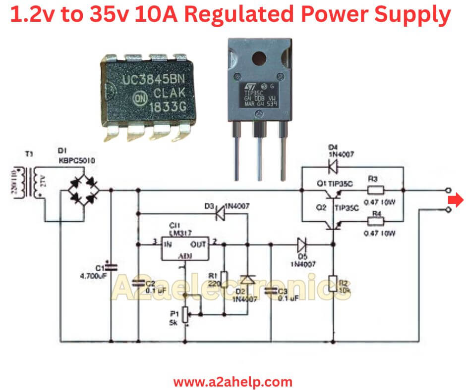 1.2V to 35V 10A Regulated Bench Power Supply Using UC3845 and TIP35C