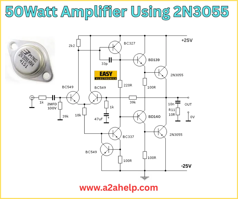 50W amplifier using 2N3055 circuit