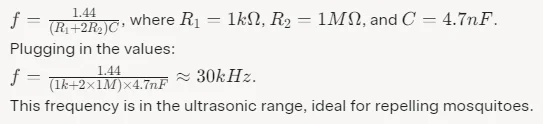frequency can be approximated using the formula for a 555 timer in astable mode