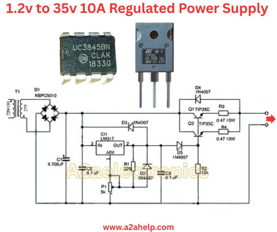 1.2V to 35V 10A Regulated Bench Power Supply Using UC3845 and TIP35C